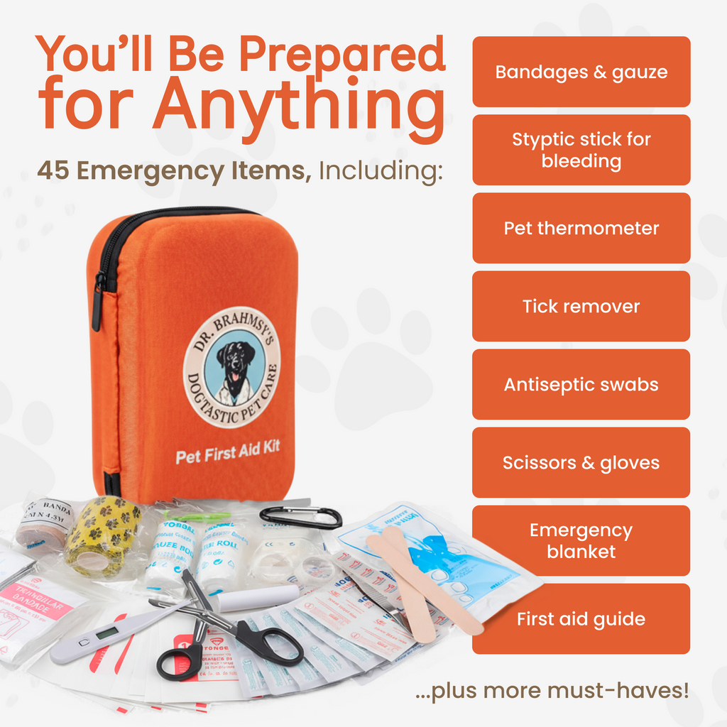 The Dogtastic Pet First Aid Kit open, showing 45+ emergency essentials