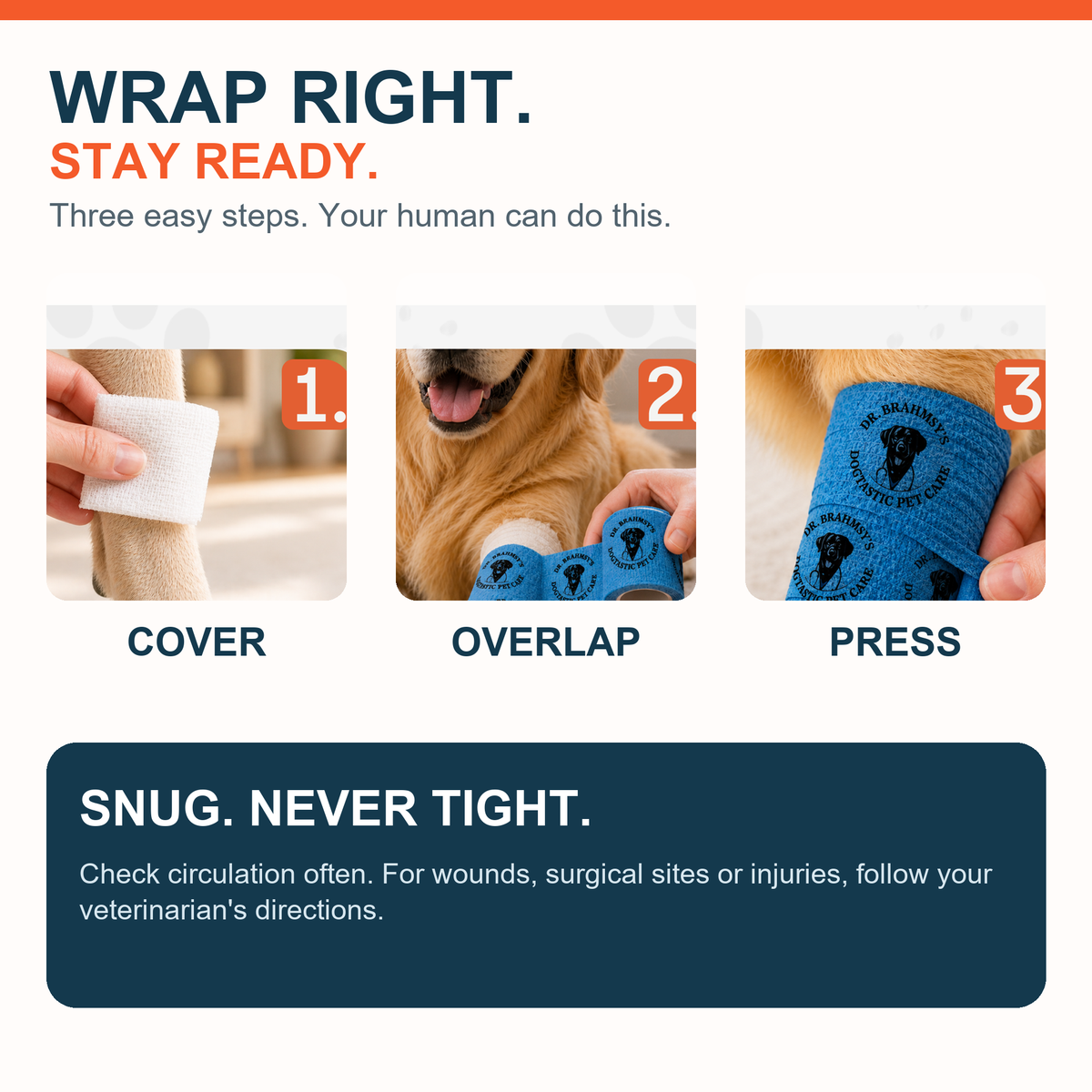 How to wrap in three steps: cover, overlap, press. Snug, never tight.