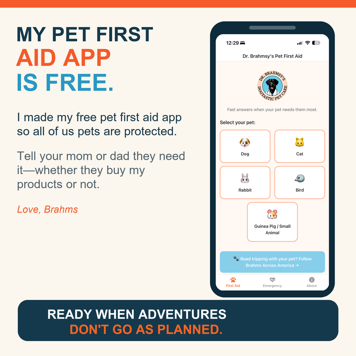 Dr. Brahmsy's free pet first aid app for dogs, cats, rabbits, birds and small animals