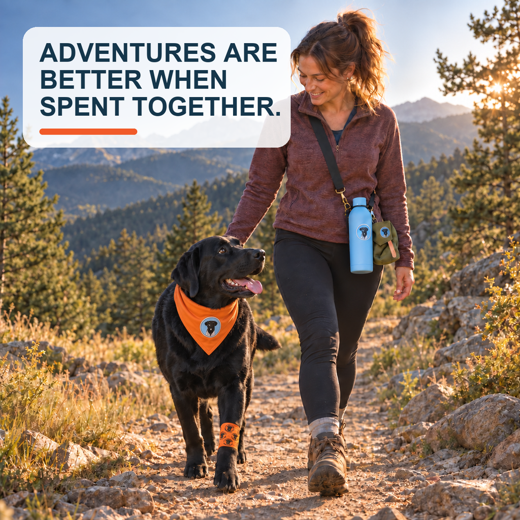 Brahms on the trail with the bandages and the Dogtastic Wander Flask — adventures are better when spent together